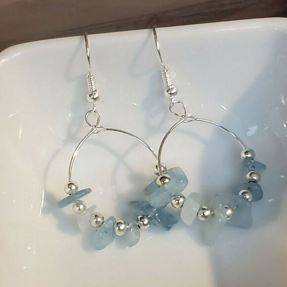 Handcrafted Baroque Aquamarine Gemstone Sterling Silver Plated Hoop Earrings - Picture 3 of 8